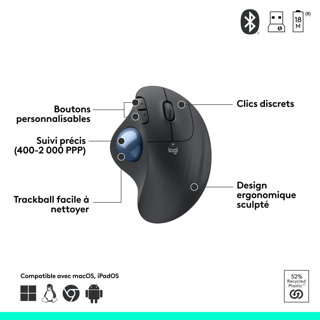 Logitech ERGO M575 Souris Bluetooth, Sans fil